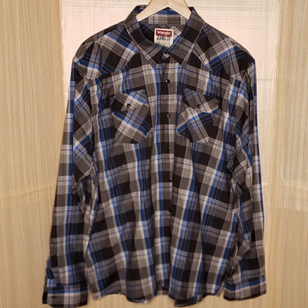 Wrangler Mens Grey Blue Plaid Pearl Snap Down Shirt 3X
